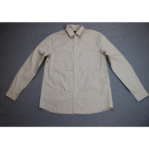 H&M Long Sleeve Shirt Mens Size M Beige Button Up Relaxed Fit Collared - Picture 1 of 7